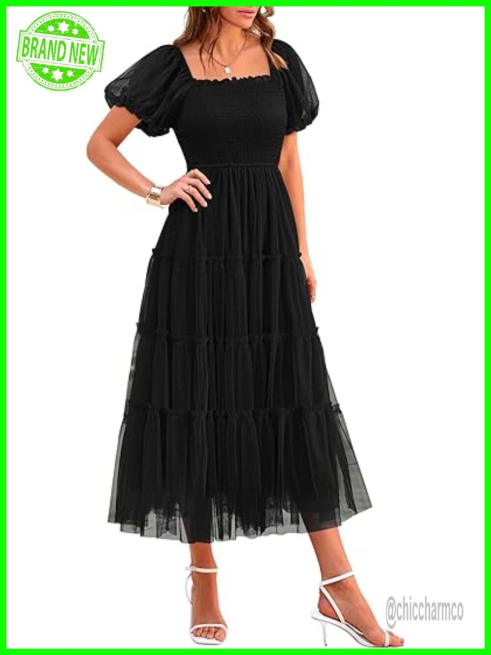 Smocked Midi Tulle Dress Square Neck Puff Short Sleeve Wedding Guest
